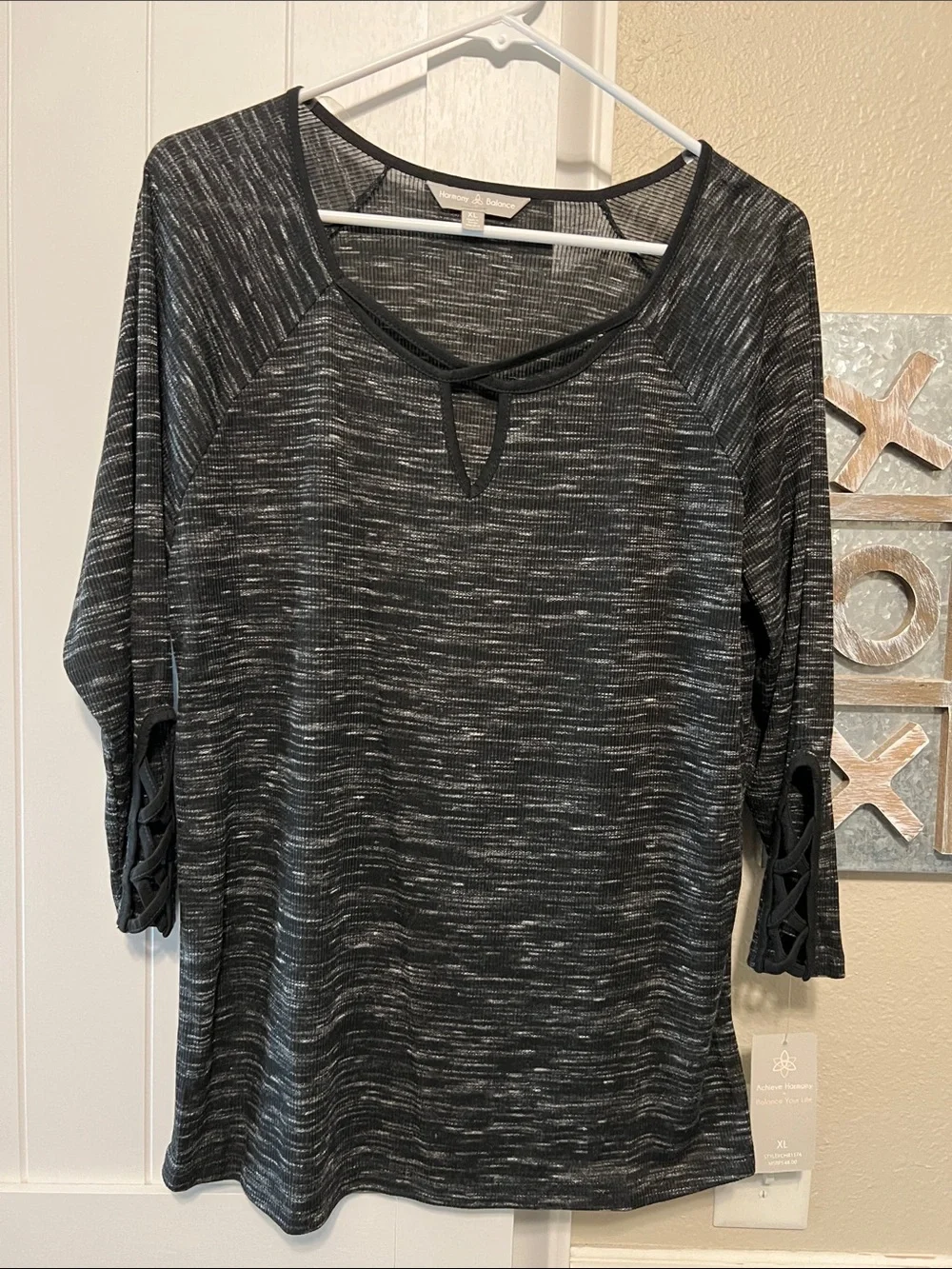 NWT Cozy Black Space-Dye Knit Top with Lattice Sleeve Detail